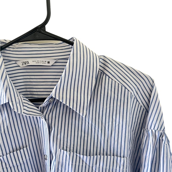 Zara Cropped Blue & White Striped Button Front Blouse - Picture 7 of 10